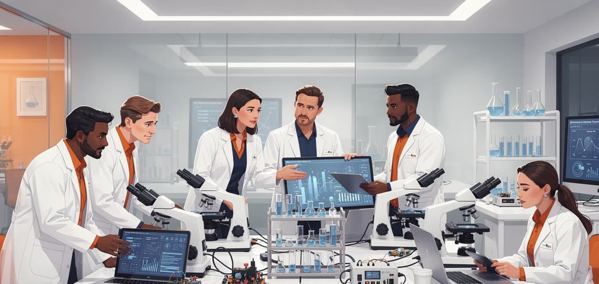 Equip d'investigadors R+D+i treballant en un laboratori d'innovació empresarial