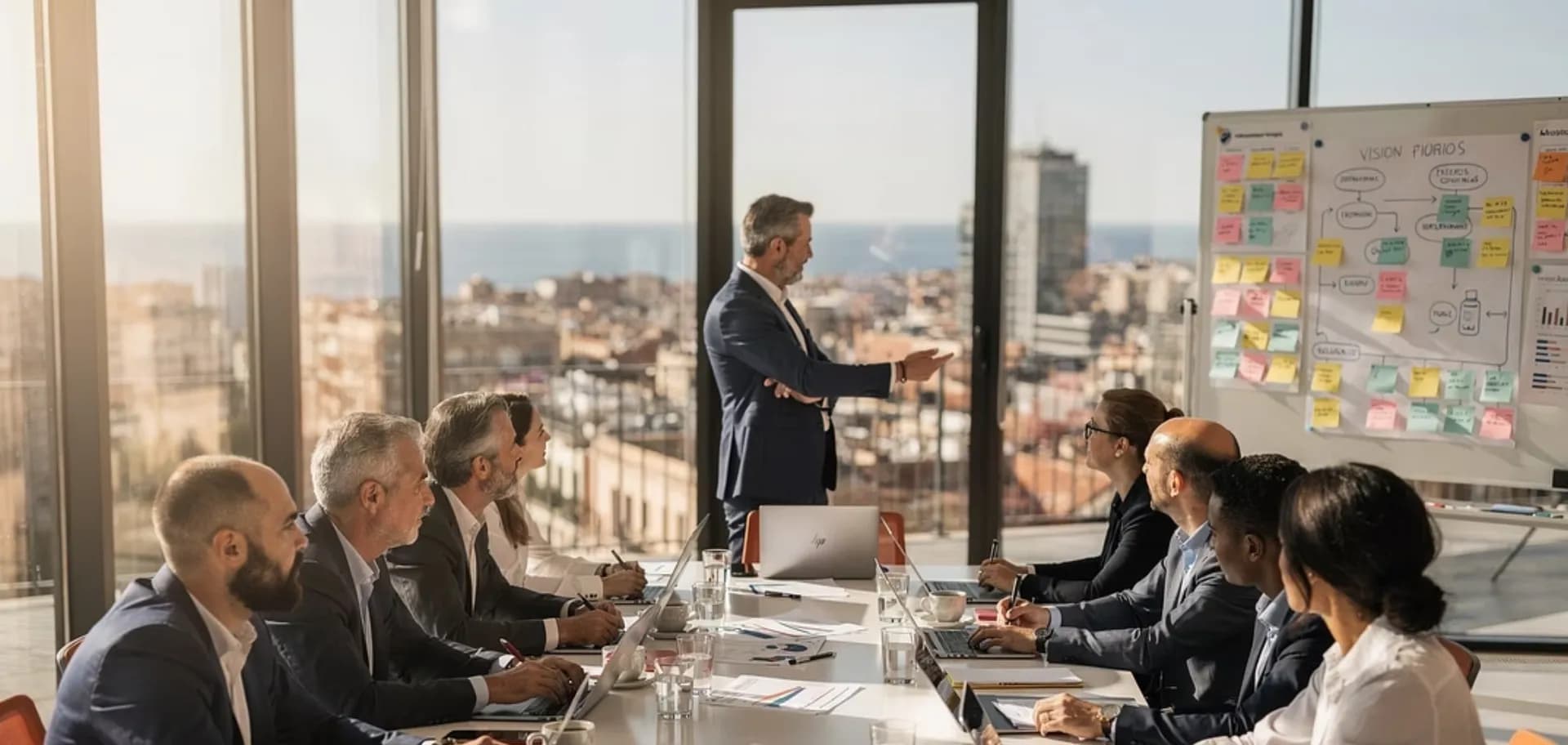 Equipo directivo trabajando en un plan estratégico empresarial con consultores especializados
