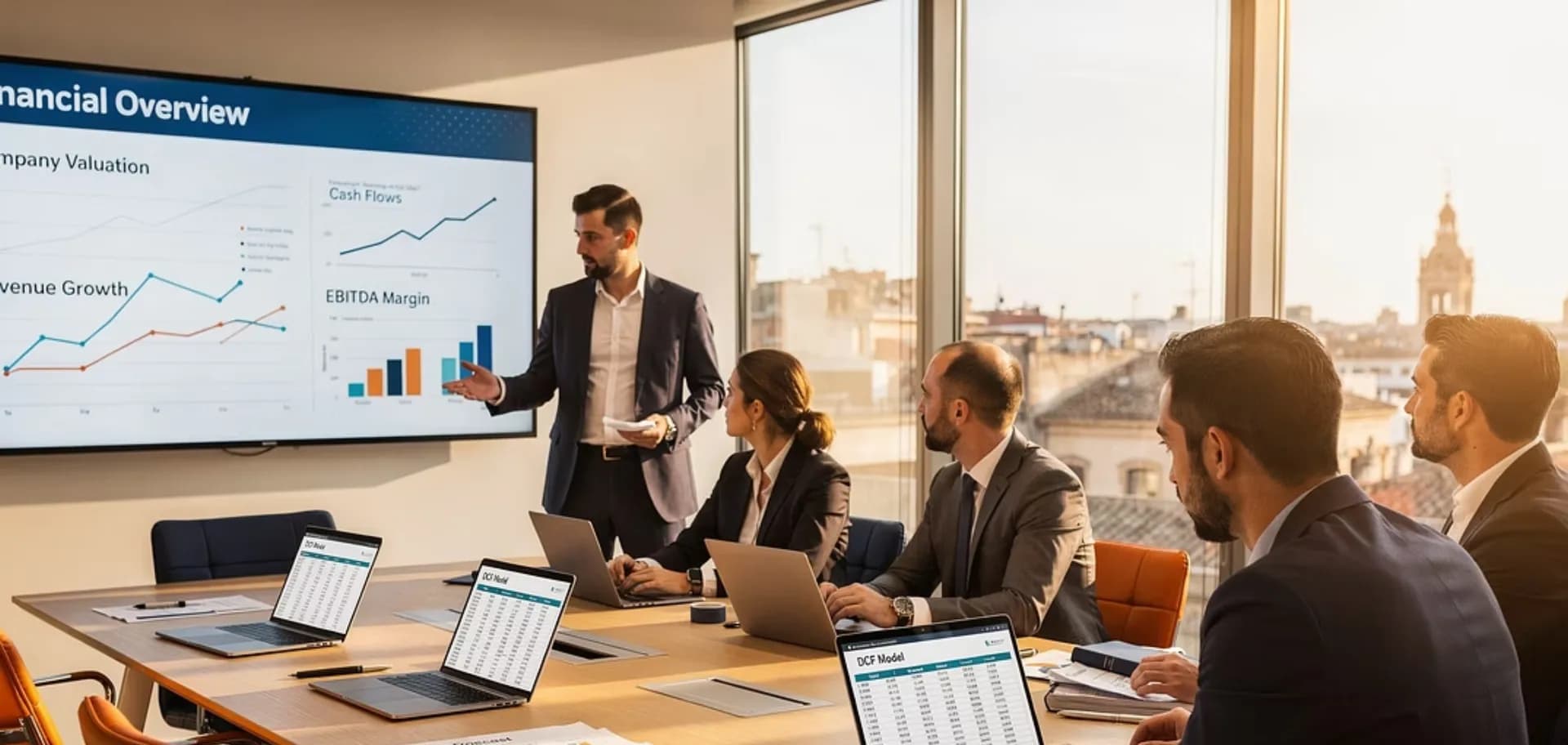 Consultores financieros analizando la valoración de una empresa con gráficos y estados financieros