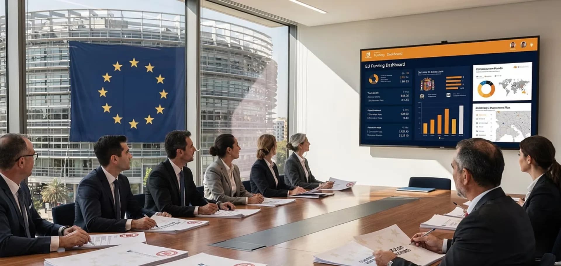 Equip de consultors analitzant programes de fons europeus per a empreses espanyoles