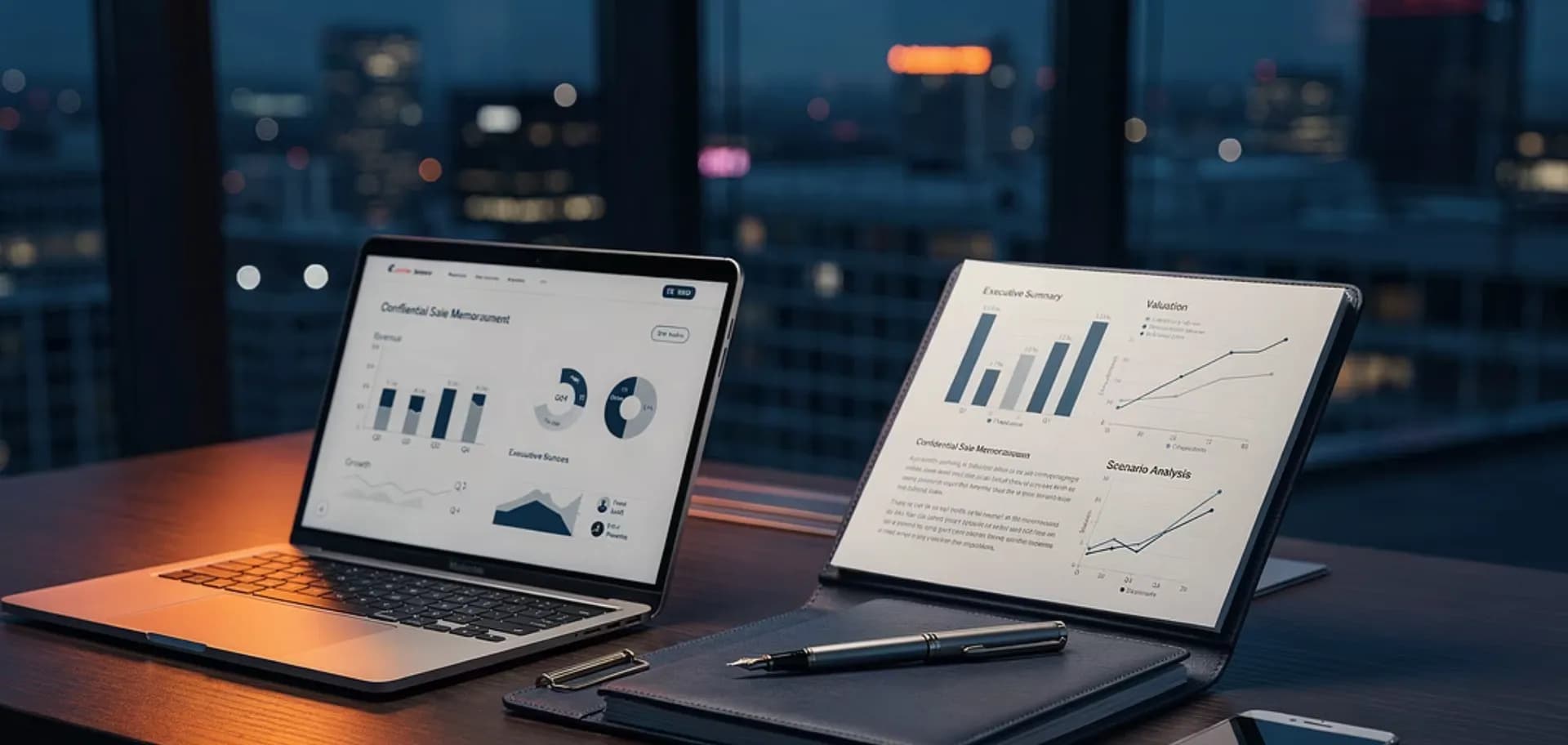 Asesores de M&A elaborando el Cuaderno de Venta de una pyme industrial con estados financieros y proyecciones